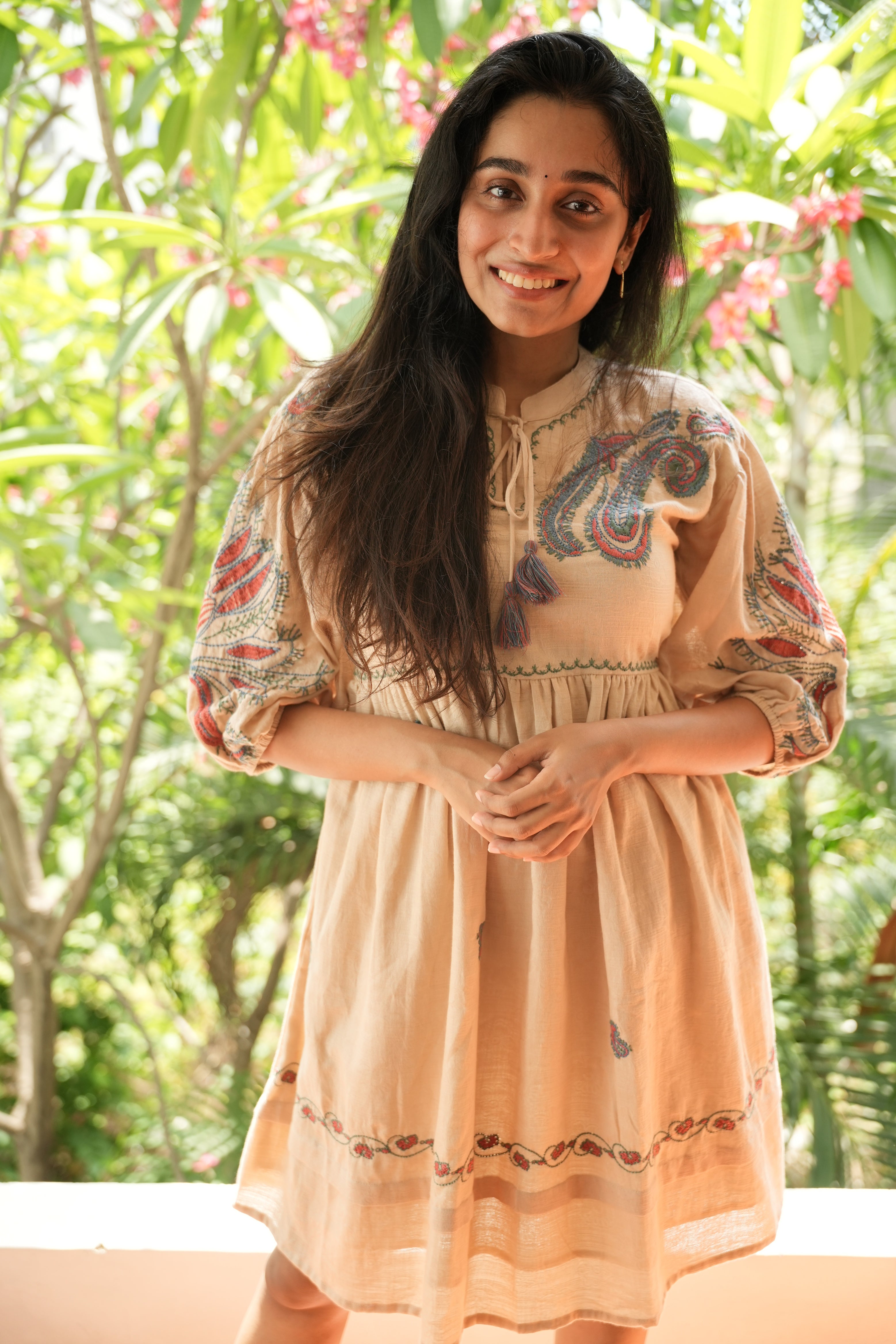 Brown Knee length short dress with Embroidery