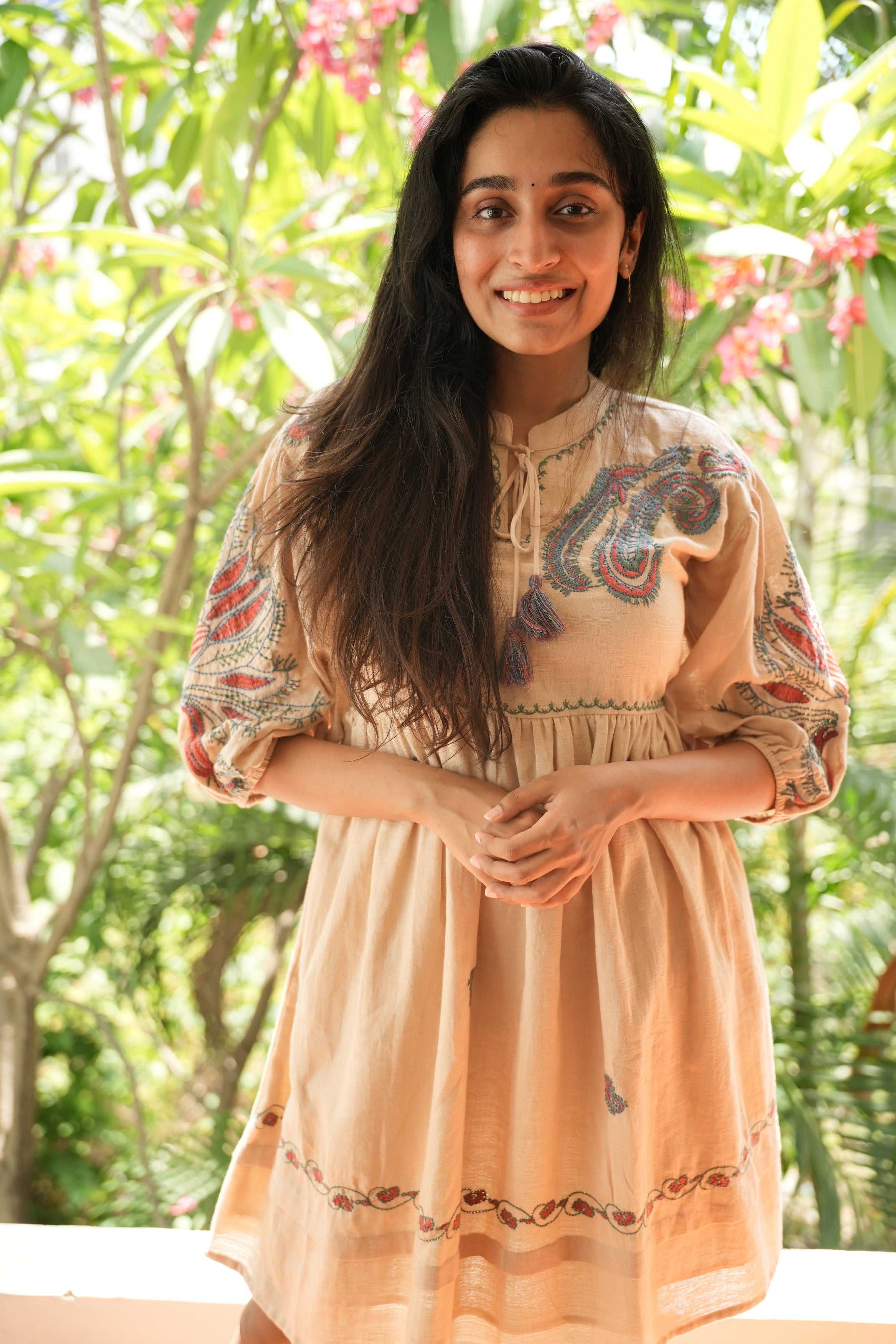 Brown Knee length short dress with Embroidery