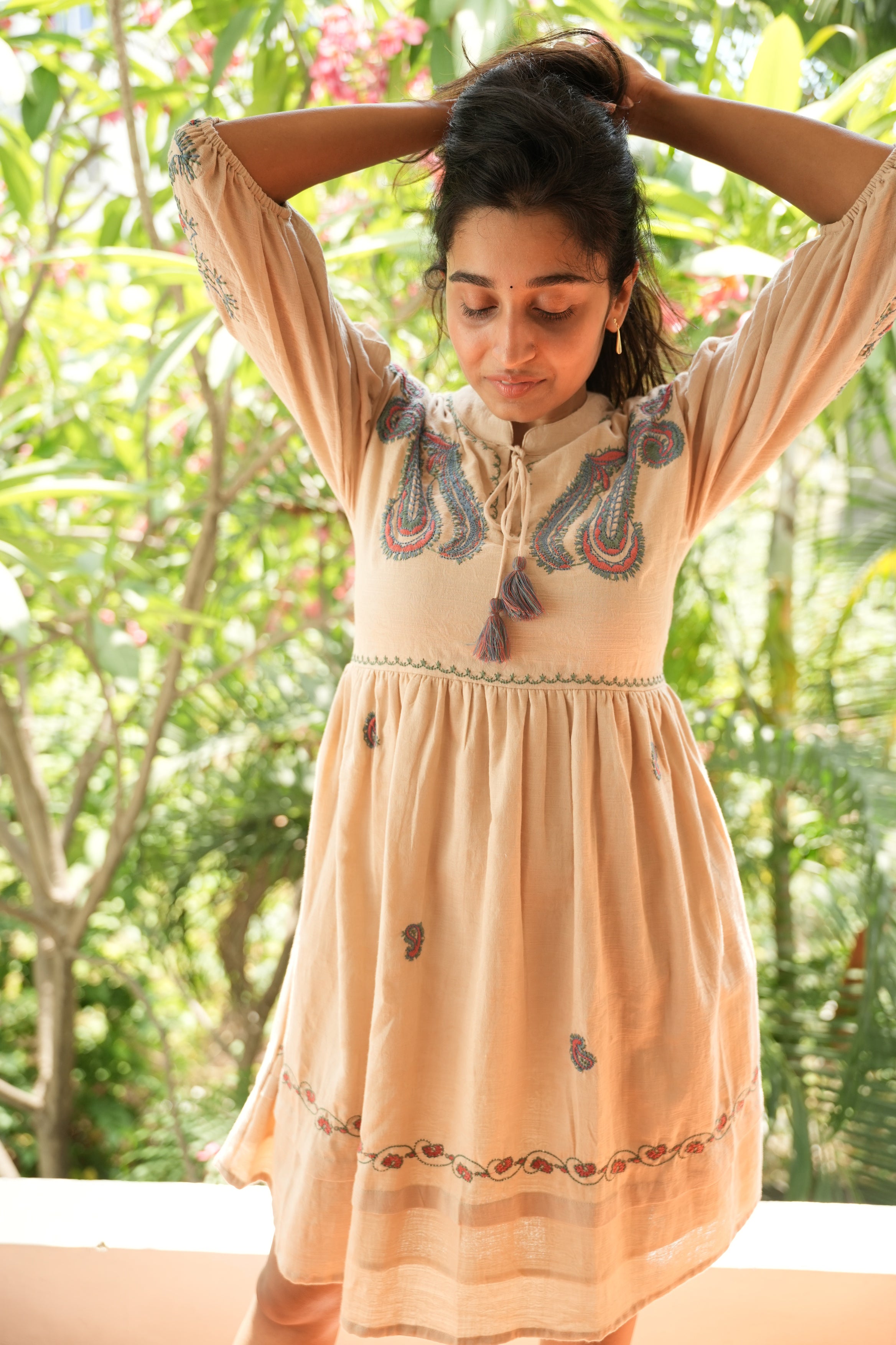 Brown Knee length short dress with Embroidery