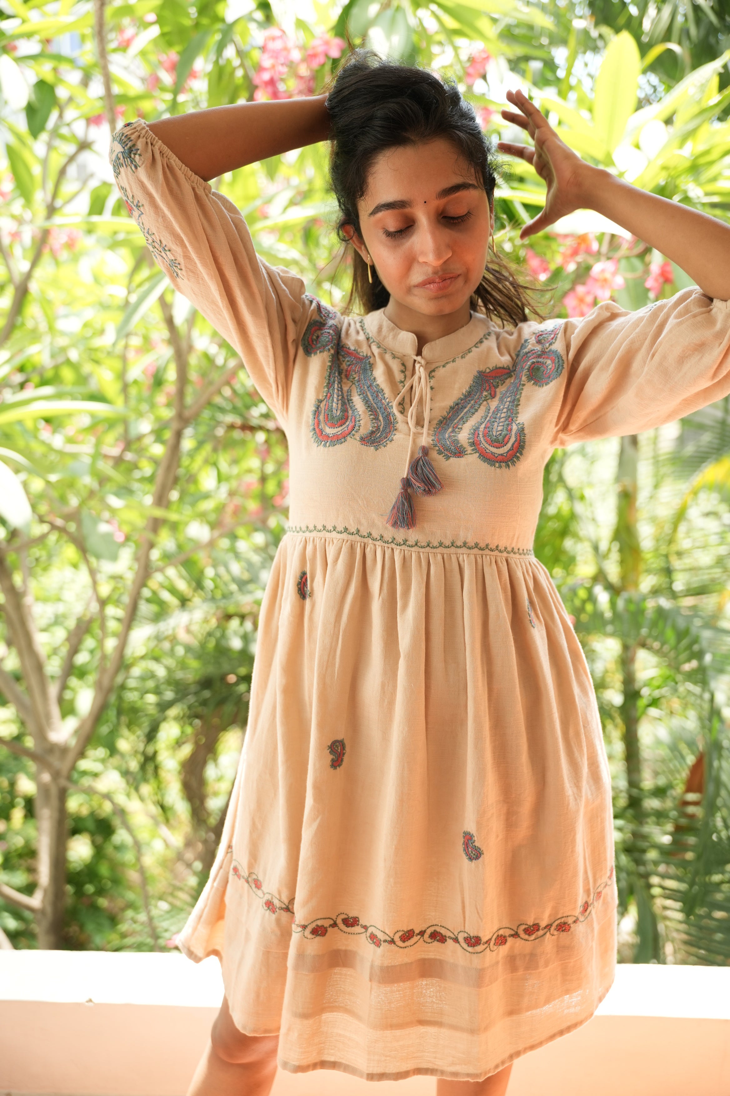 Brown Knee length short dress with Embroidery