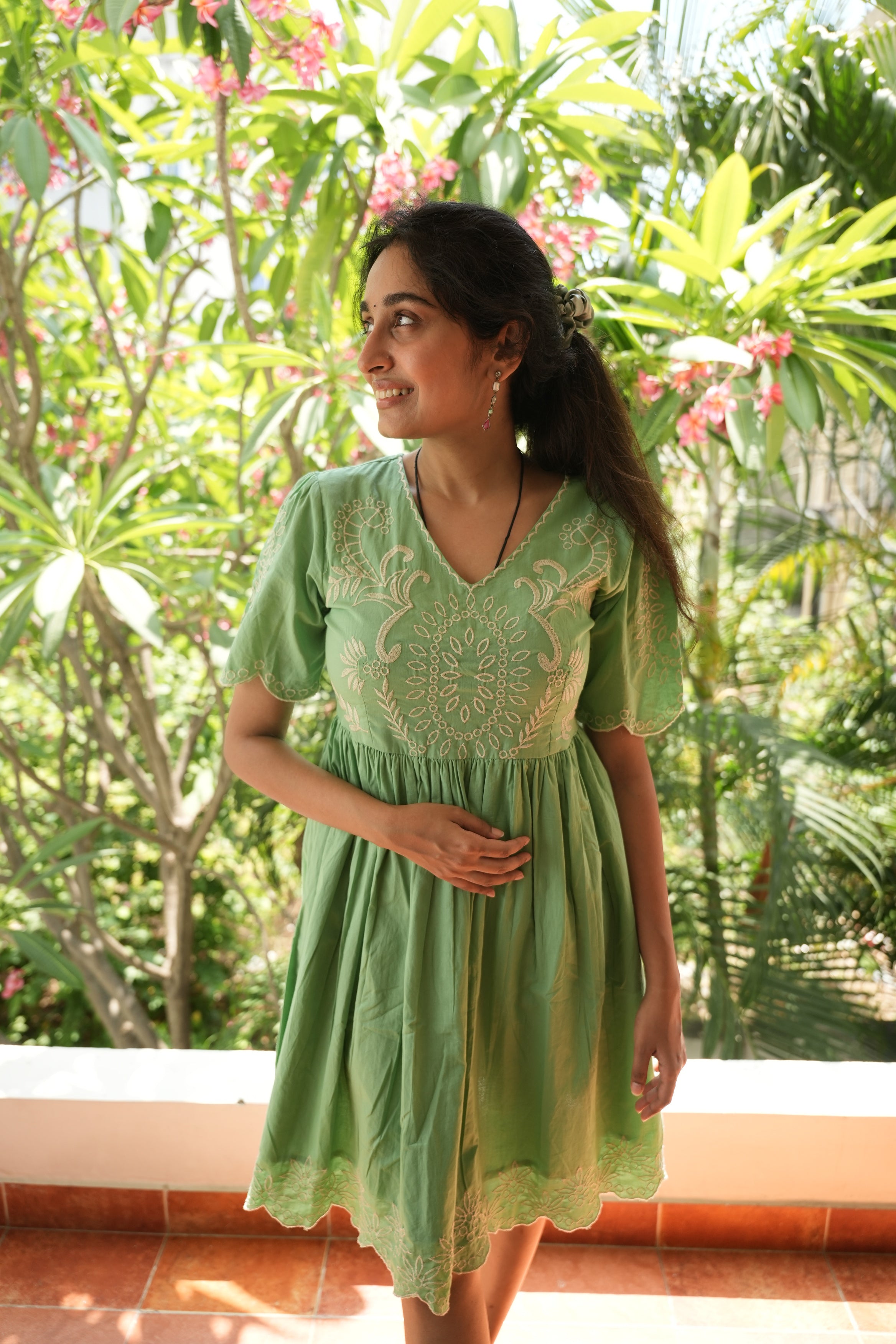 Pastel Green Knee Length Short Dress With Embroidery