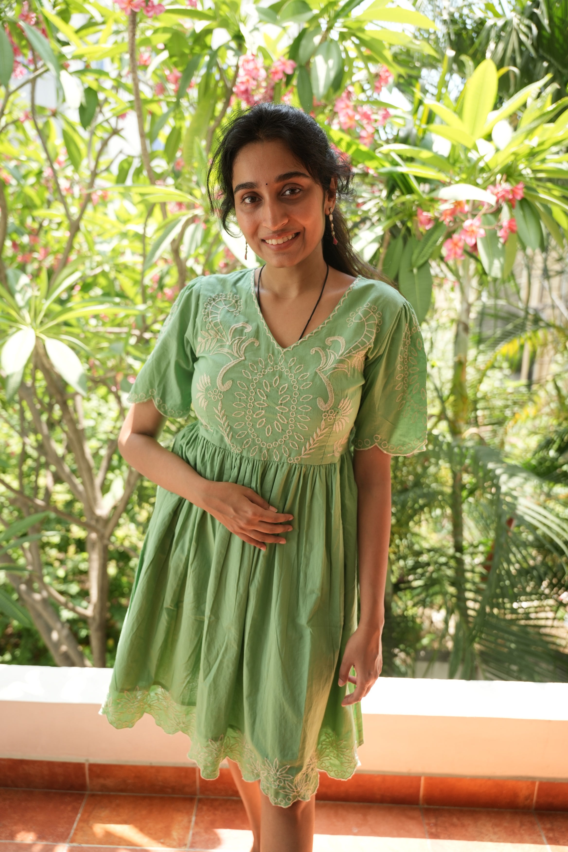 Pastel Green Knee Length Short Dress With Embroidery