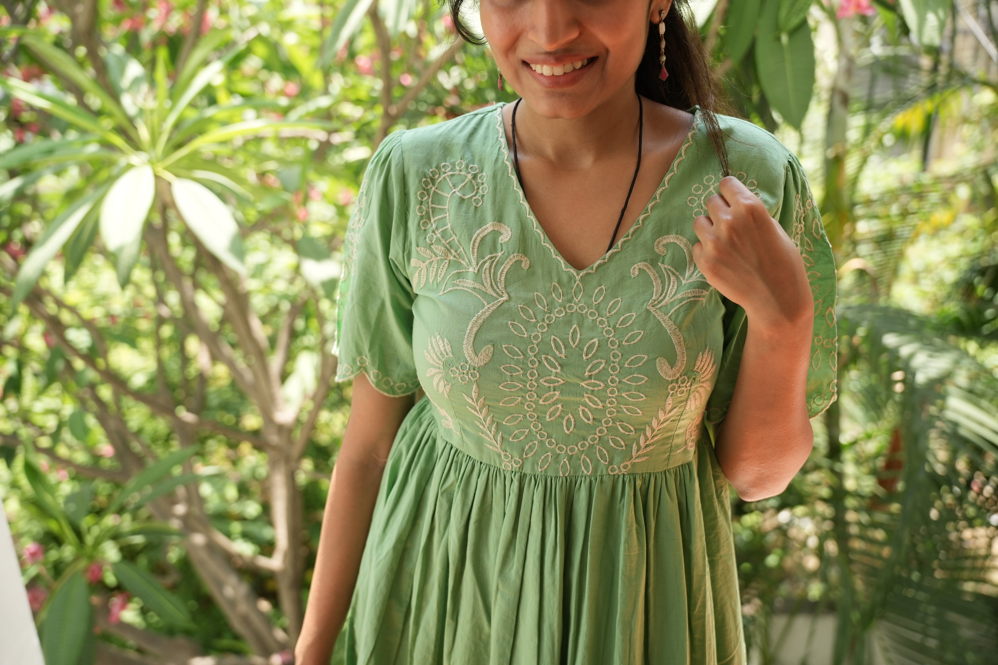Pastel Green Knee Length Short Dress With Embroidery