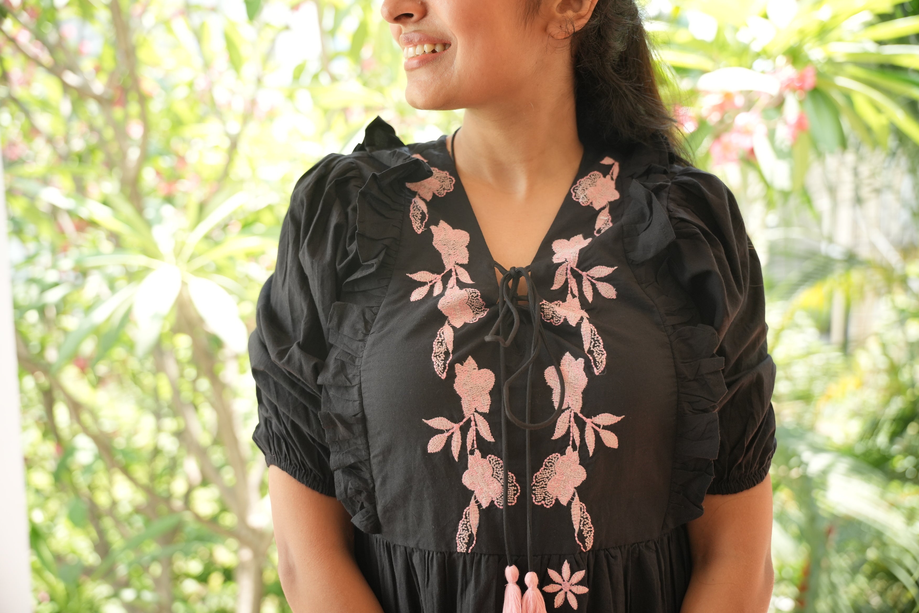 Black with Pink Knee Length Embroidery Short Dress