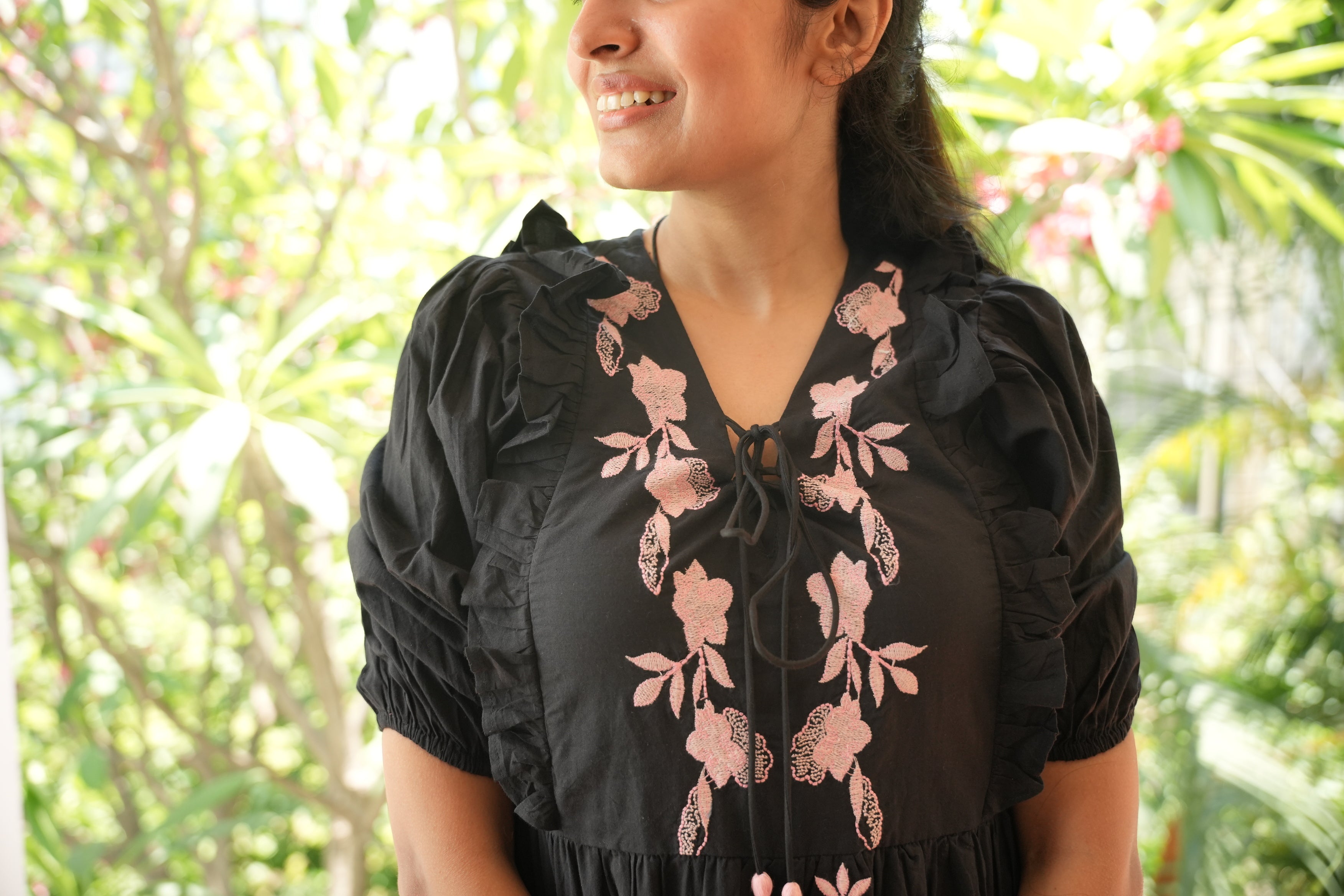 Black with Pink Knee Length Embroidery Short Dress