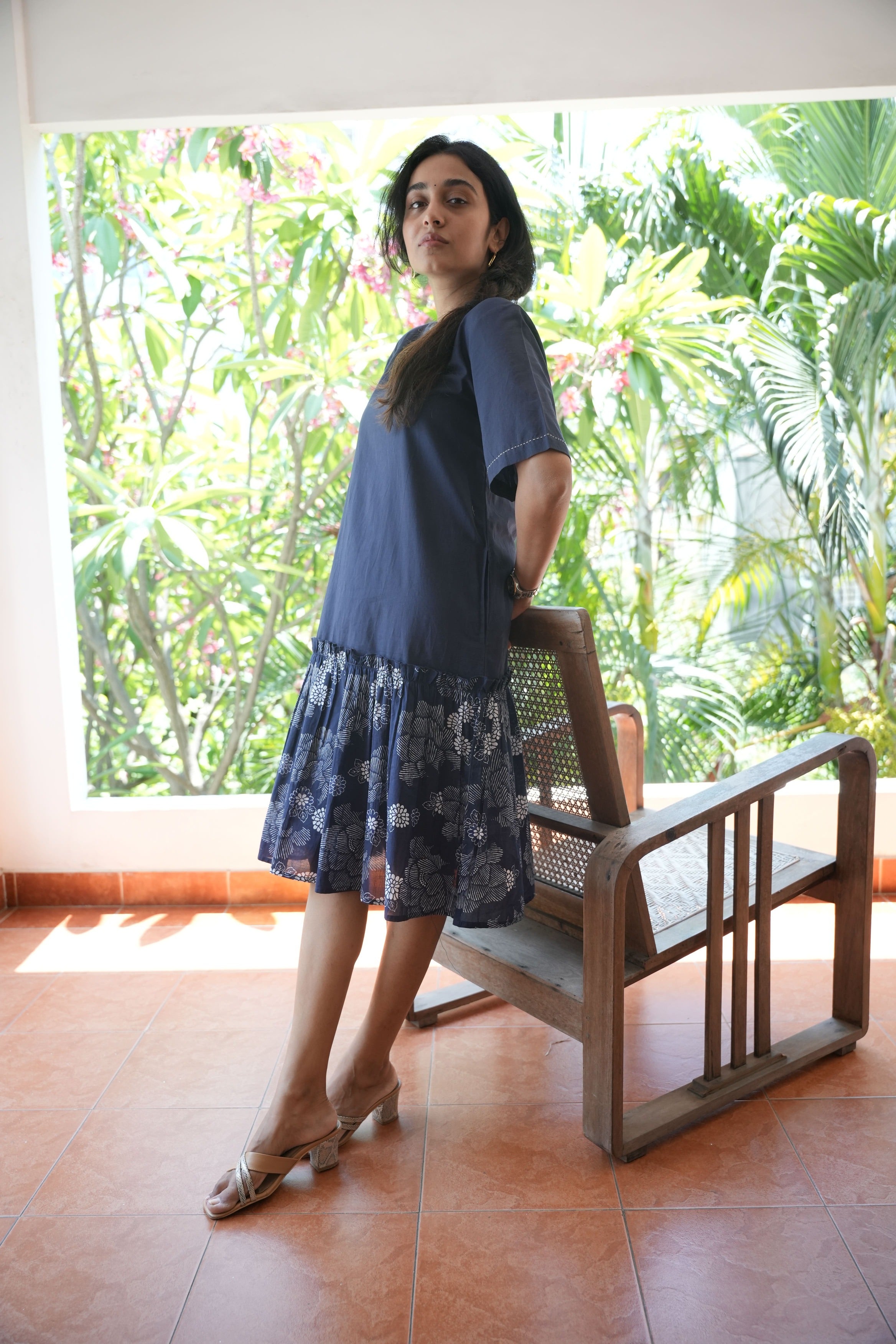 Navy Blue Knee Length Short Dress With Shirt Collar