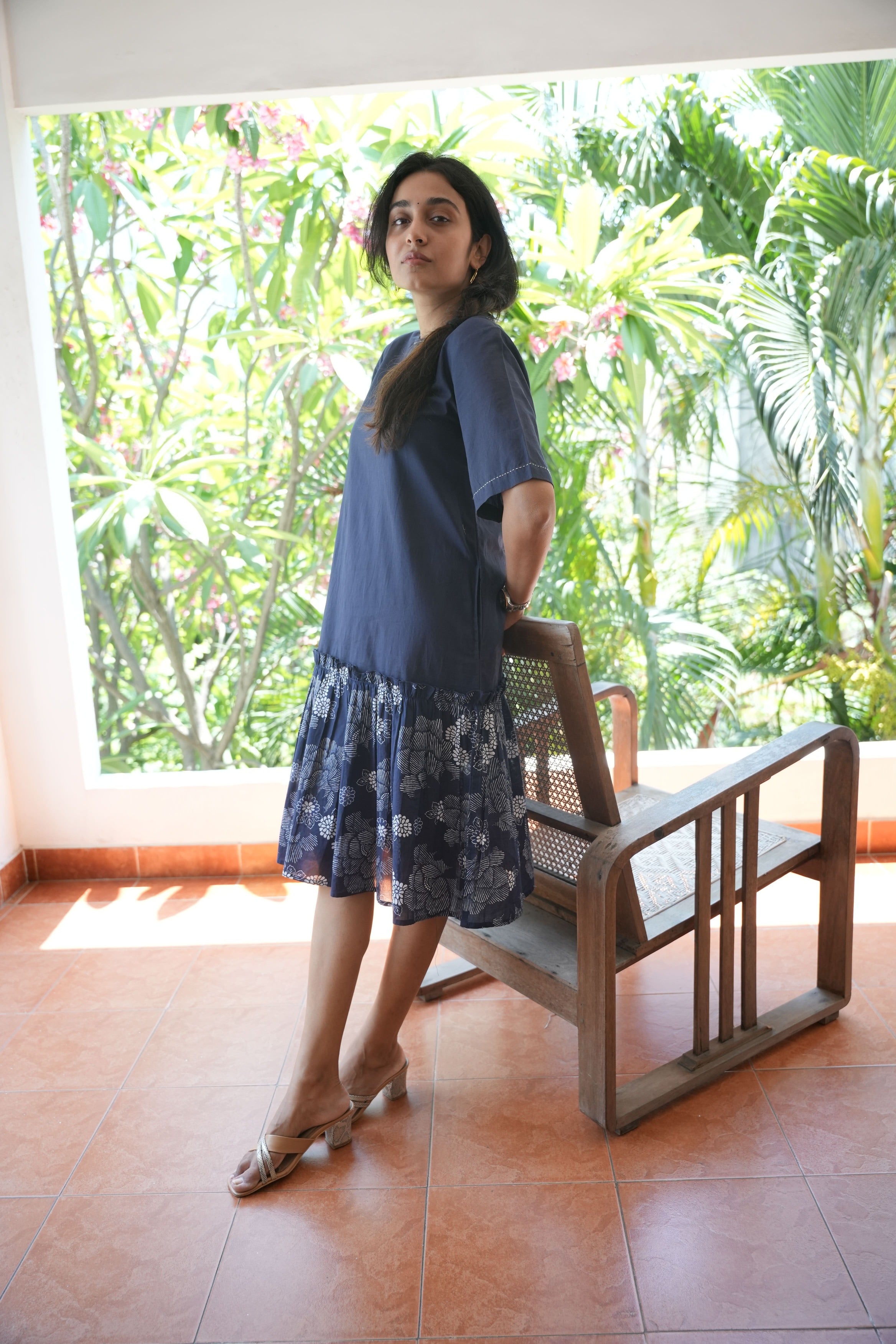 Navy Blue Knee Length Short Dress With Shirt Collar