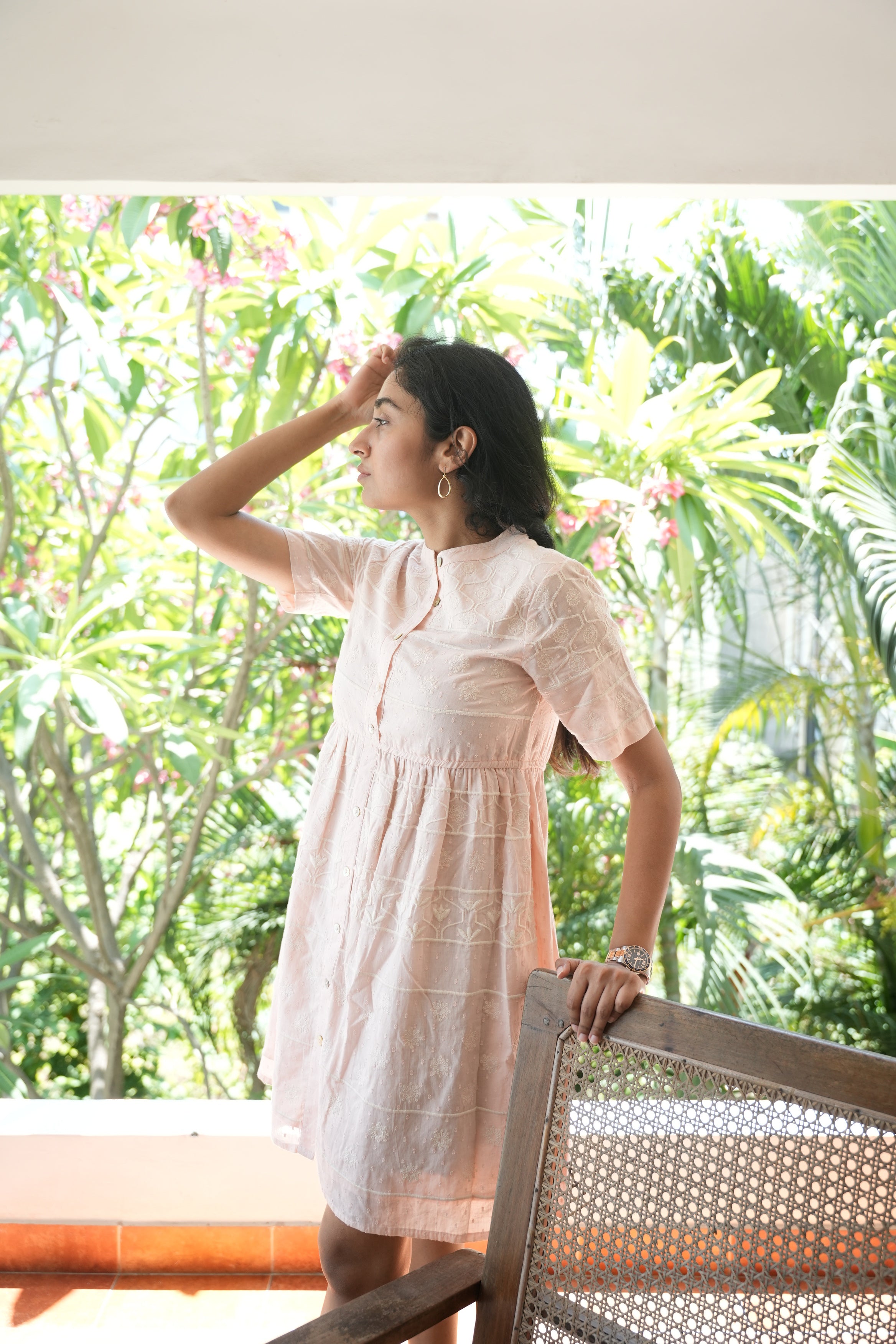 Pink Knee Length Short Dress With Thread Work