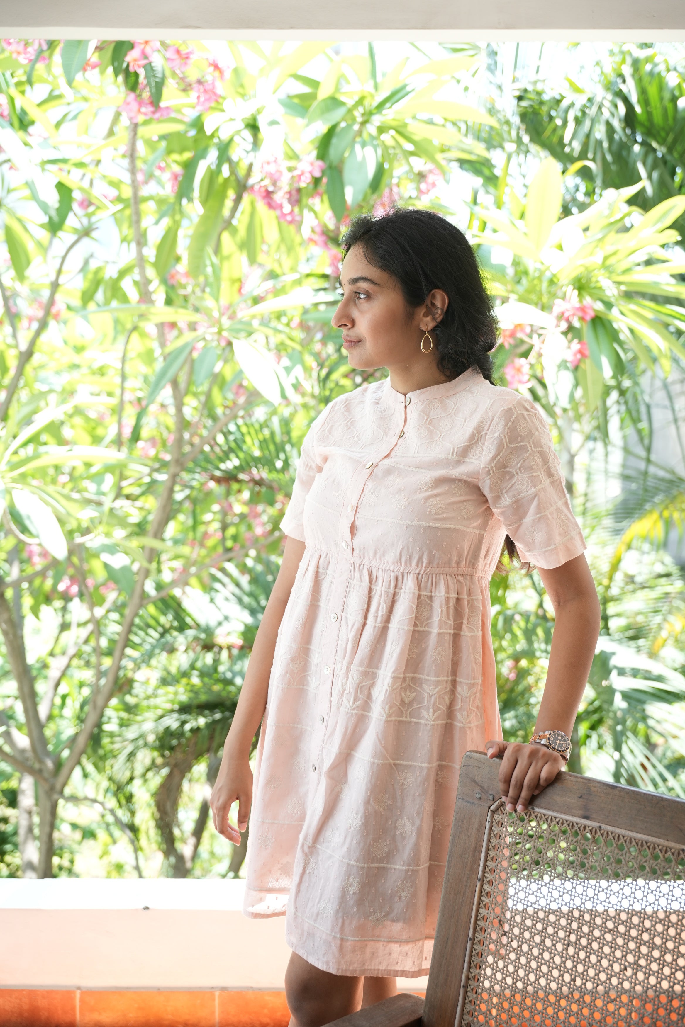 Pink Knee Length Short Dress With Thread Work