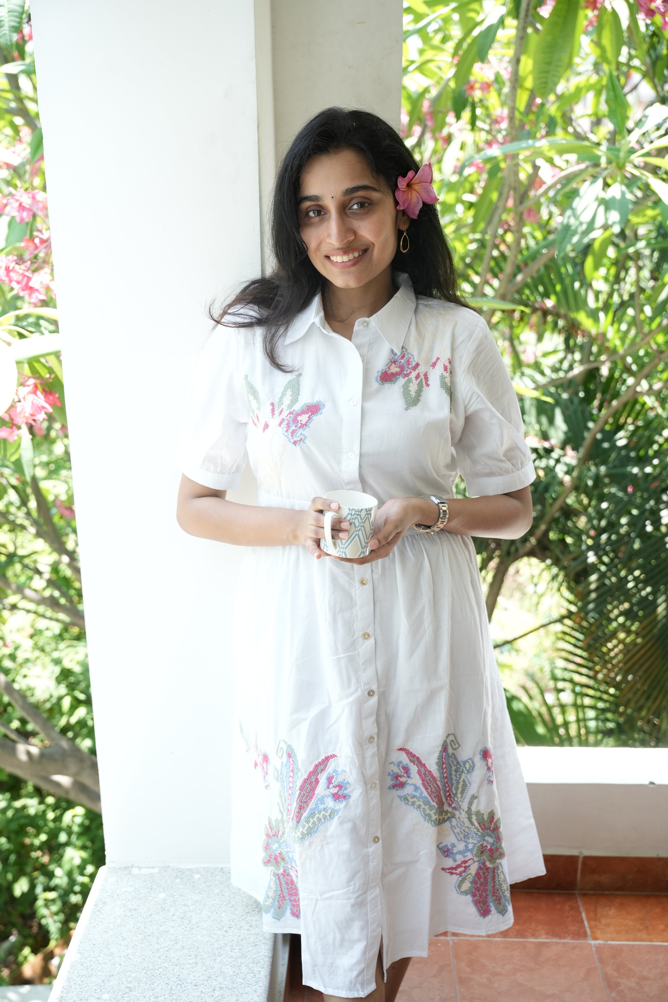 White with Pink Knee Length Short Dress With Embroidery