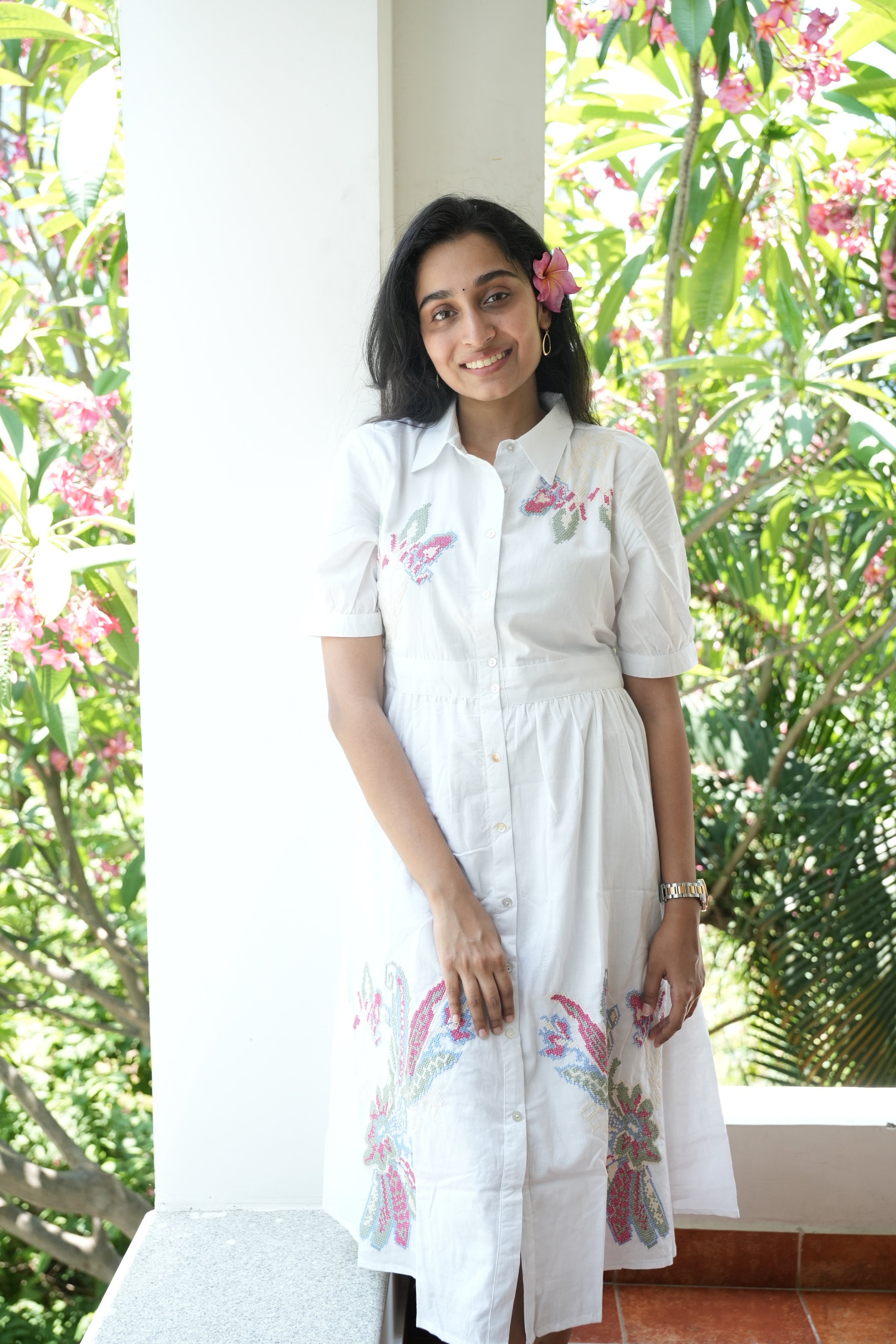 White with Pink Knee Length Short Dress With Embroidery