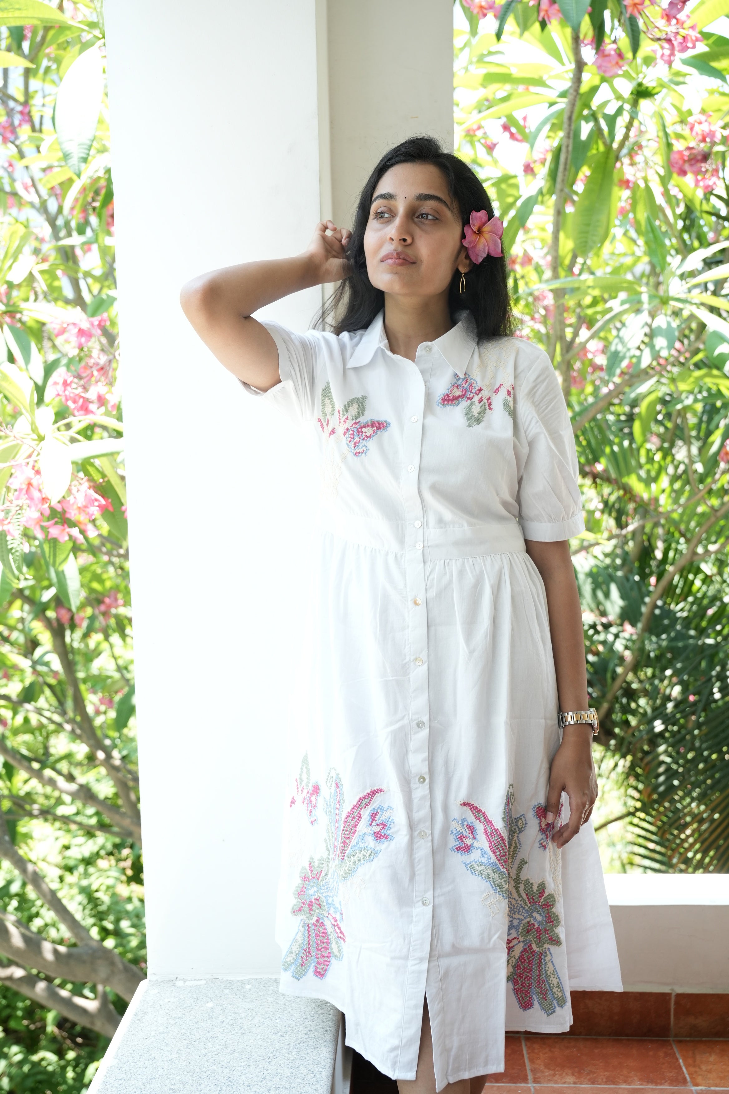 White with Pink Knee Length Short Dress With Embroidery