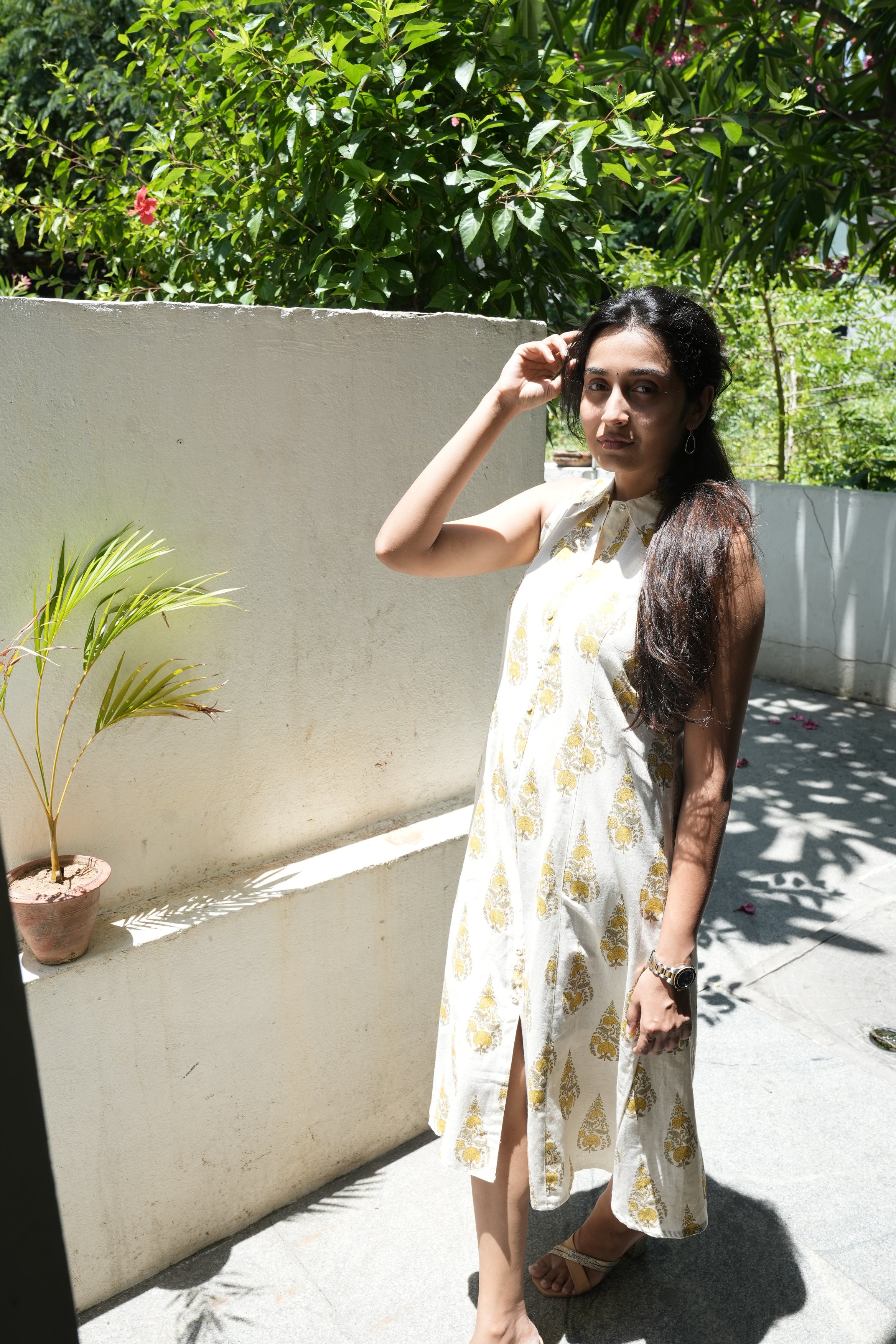 Sleeveless Block Print Dress With Belt