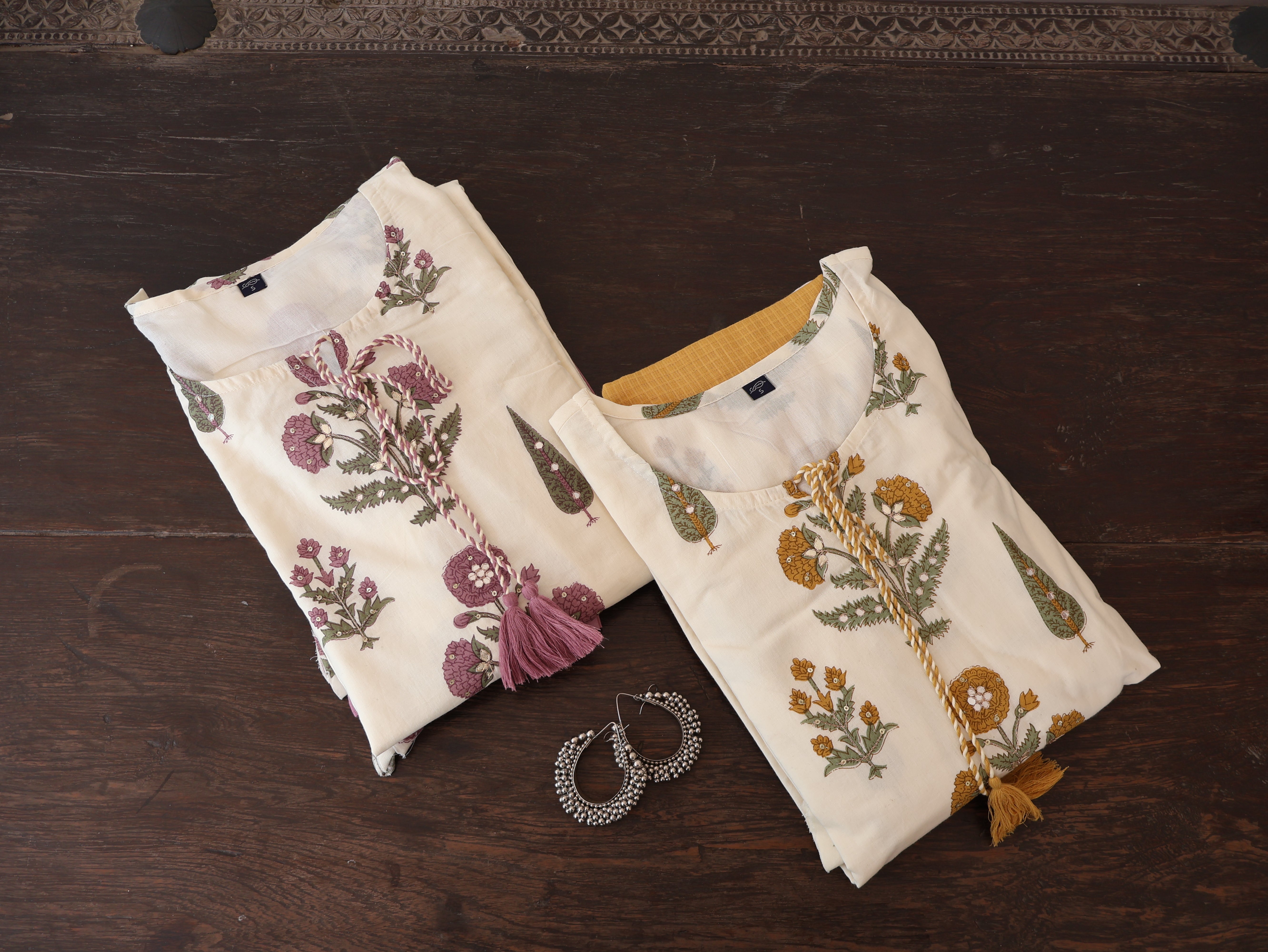 Off White With Purple and Mustard Embroidery Kurta Set Printed Cotton With Dori Dupatta