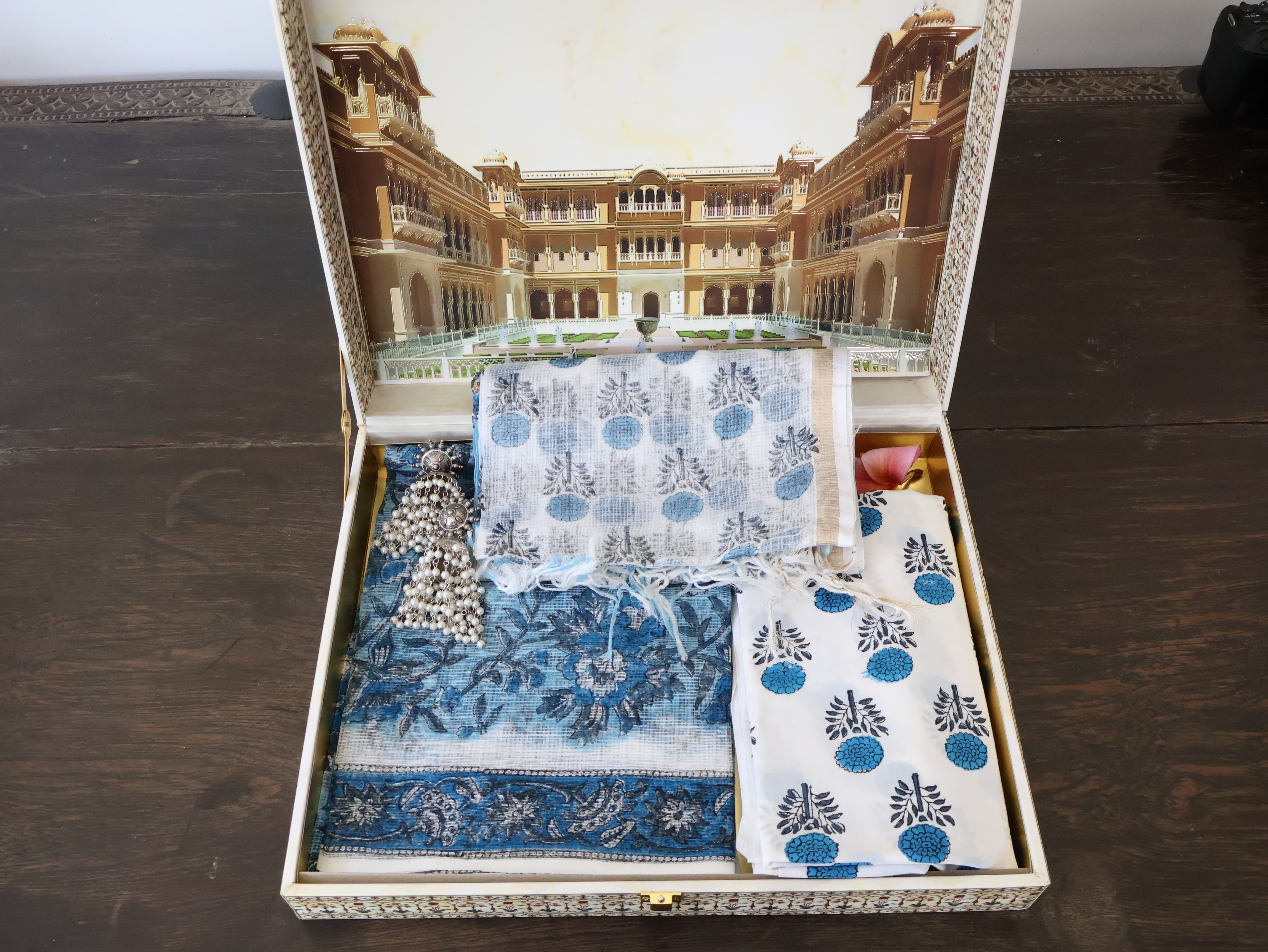 Blue Floral Kota Dori Duppata and Top with Cotton Printed Pant