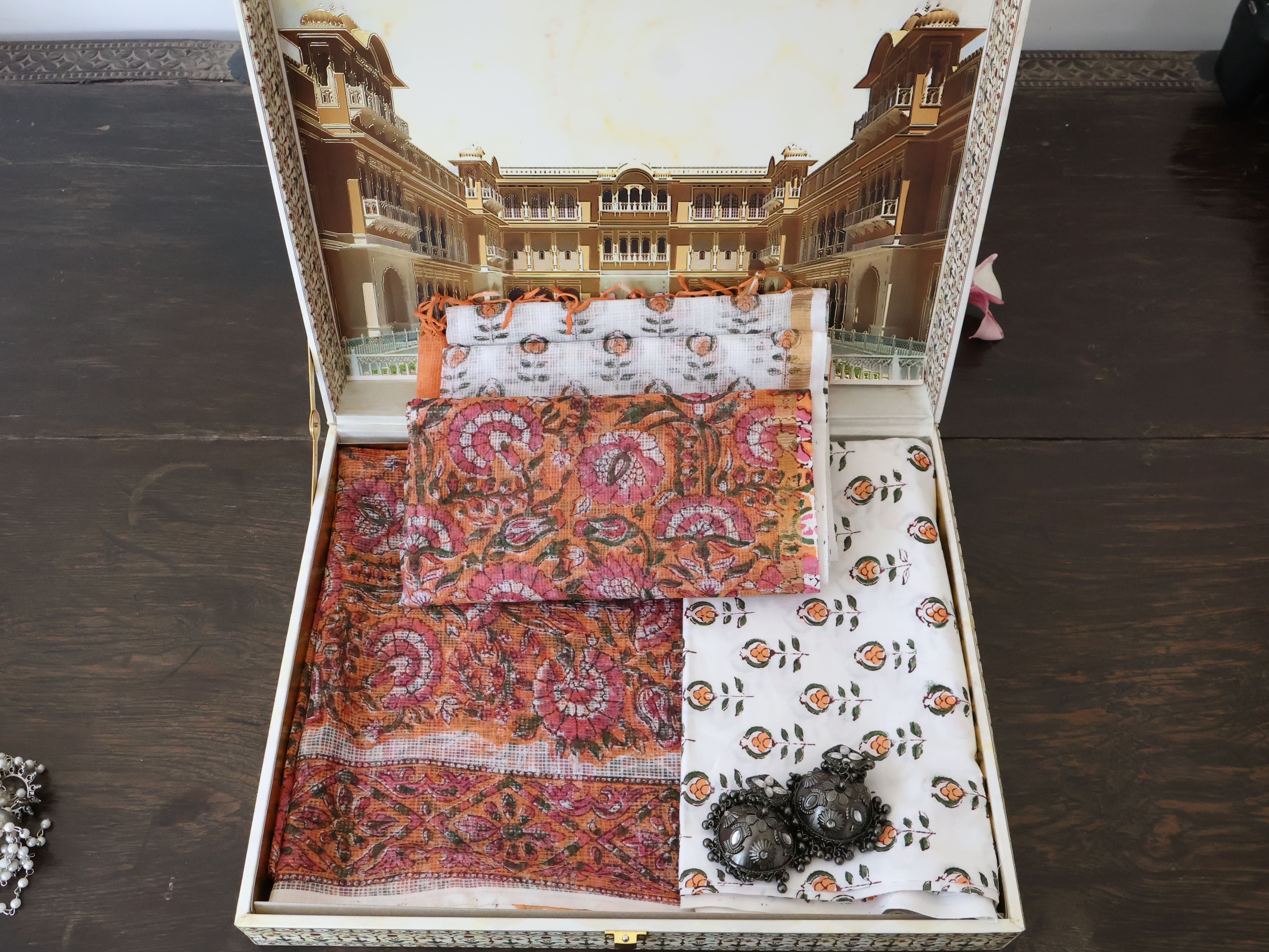 Rust Orange Floral Kota Dori Duppata and Top with Cotton Printed Pant