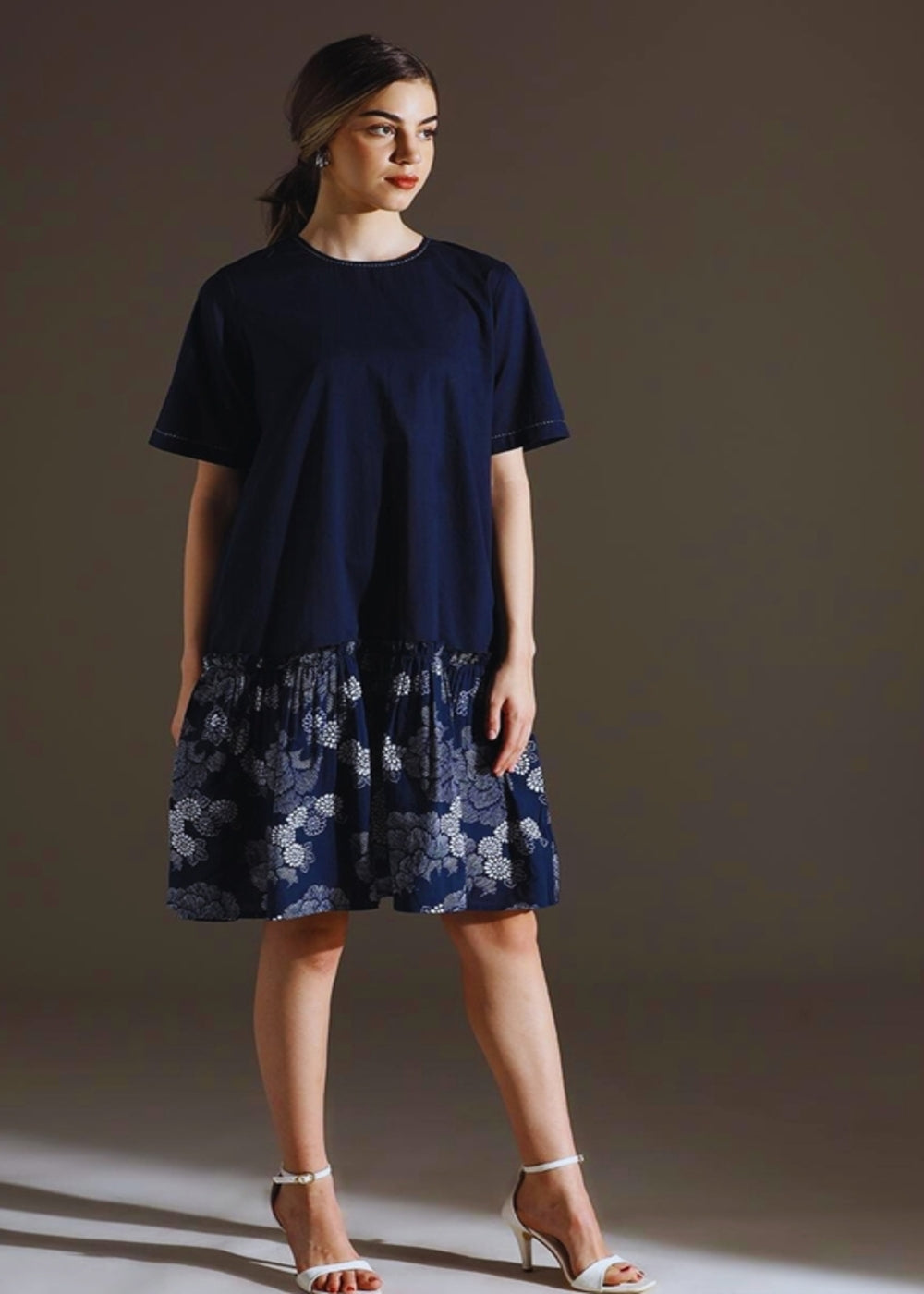 Navy Blue Knee Length Short Dress With Shirt Collar
