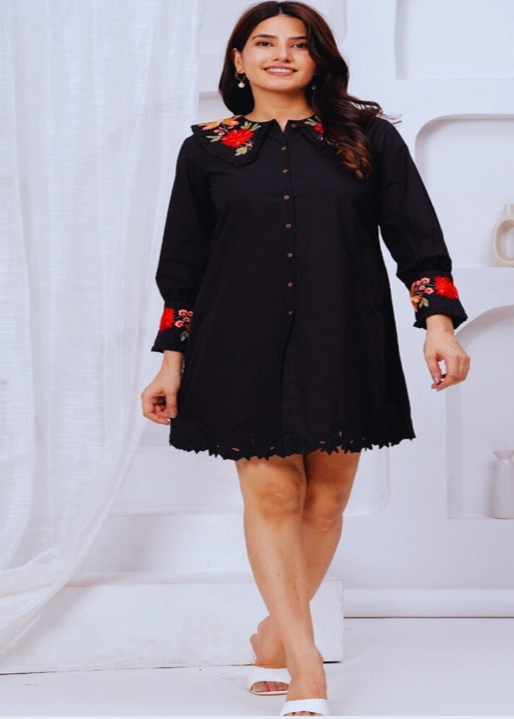 Black,Teal Blue and Yellow Knee Length Short Dress With Embroidery Shirt Collar