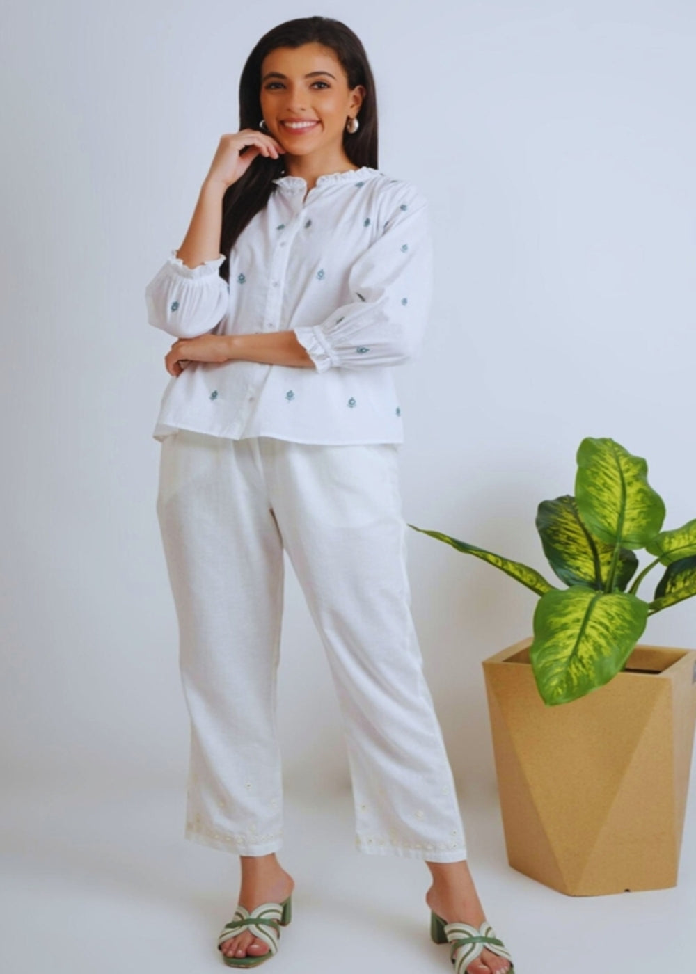 White Closed Neck Embroidery Mirror Work Shirt