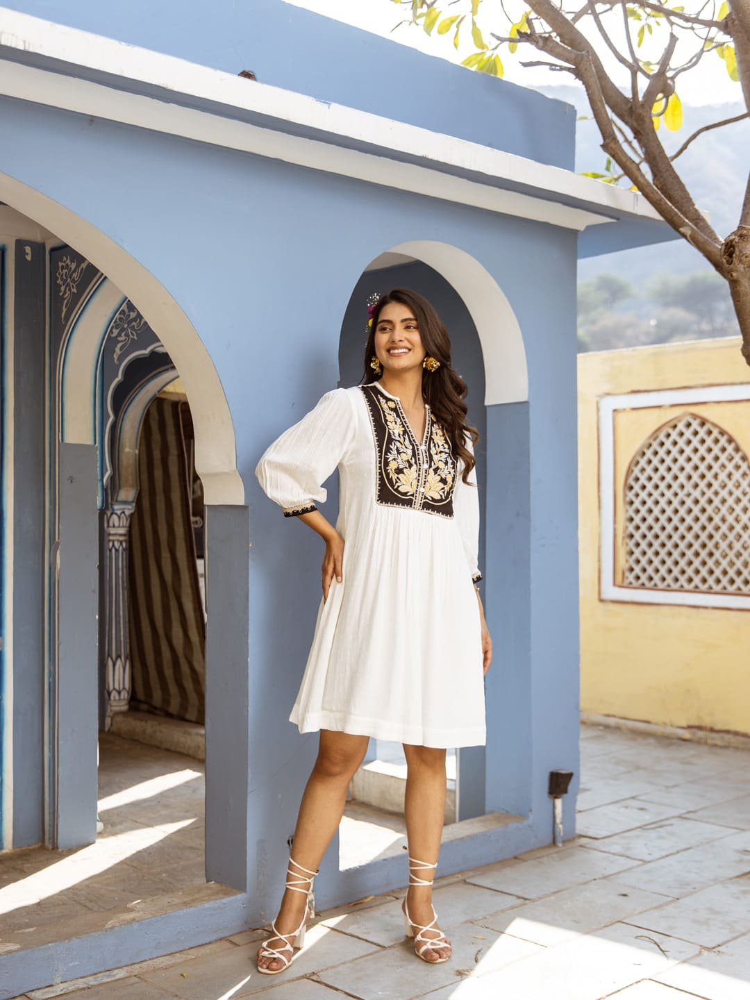 Black and White Knee Length Short Dress With Embroidery