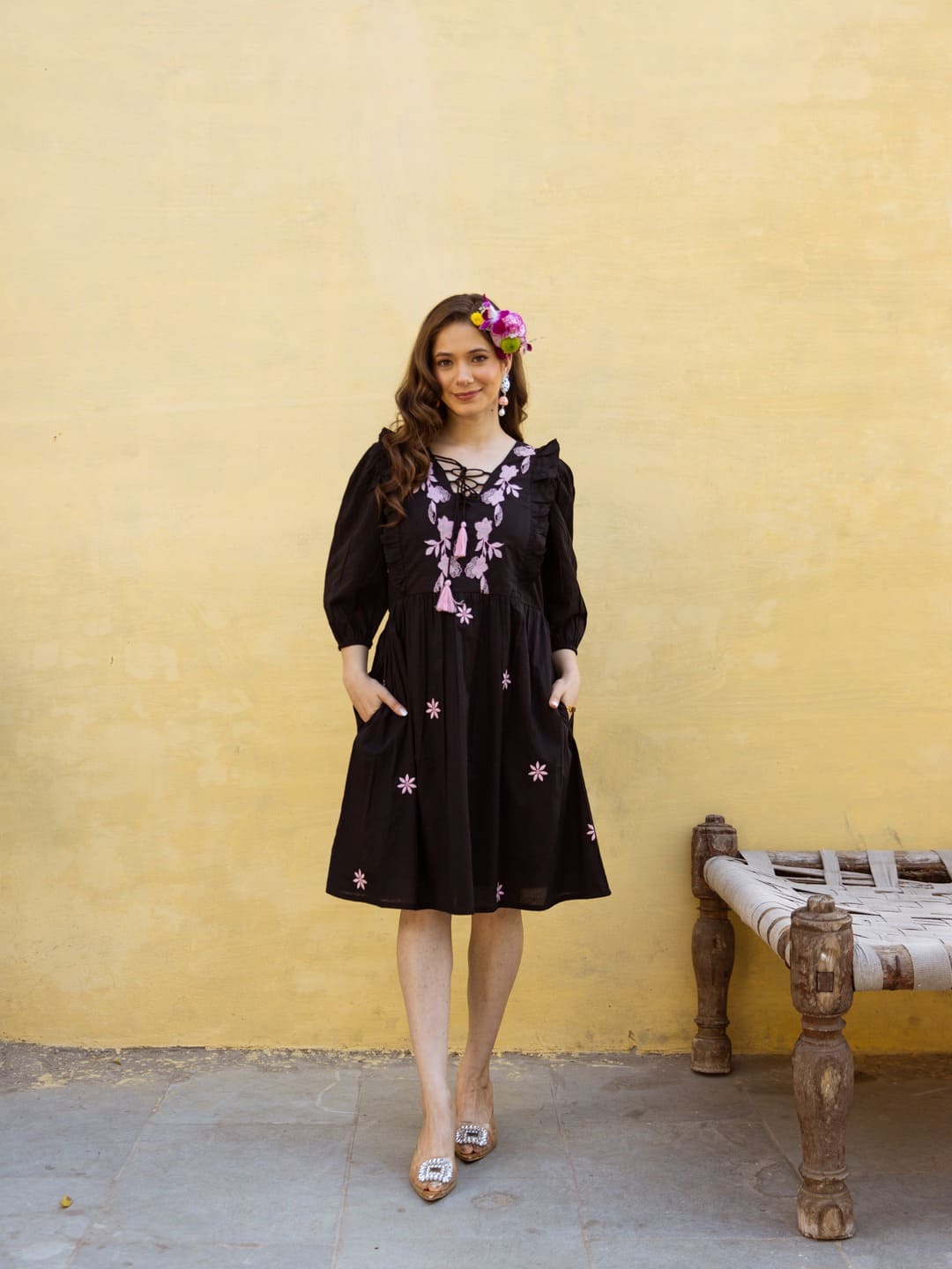 Black with Pink Knee Length Embroidery Short Dress