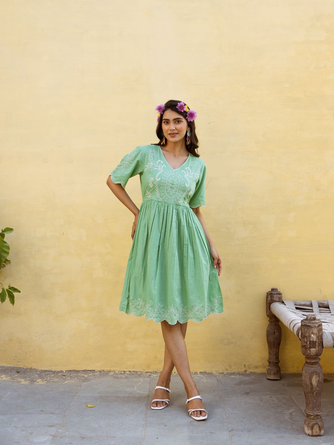 Pastel Green Knee Length Short Dress With Embroidery