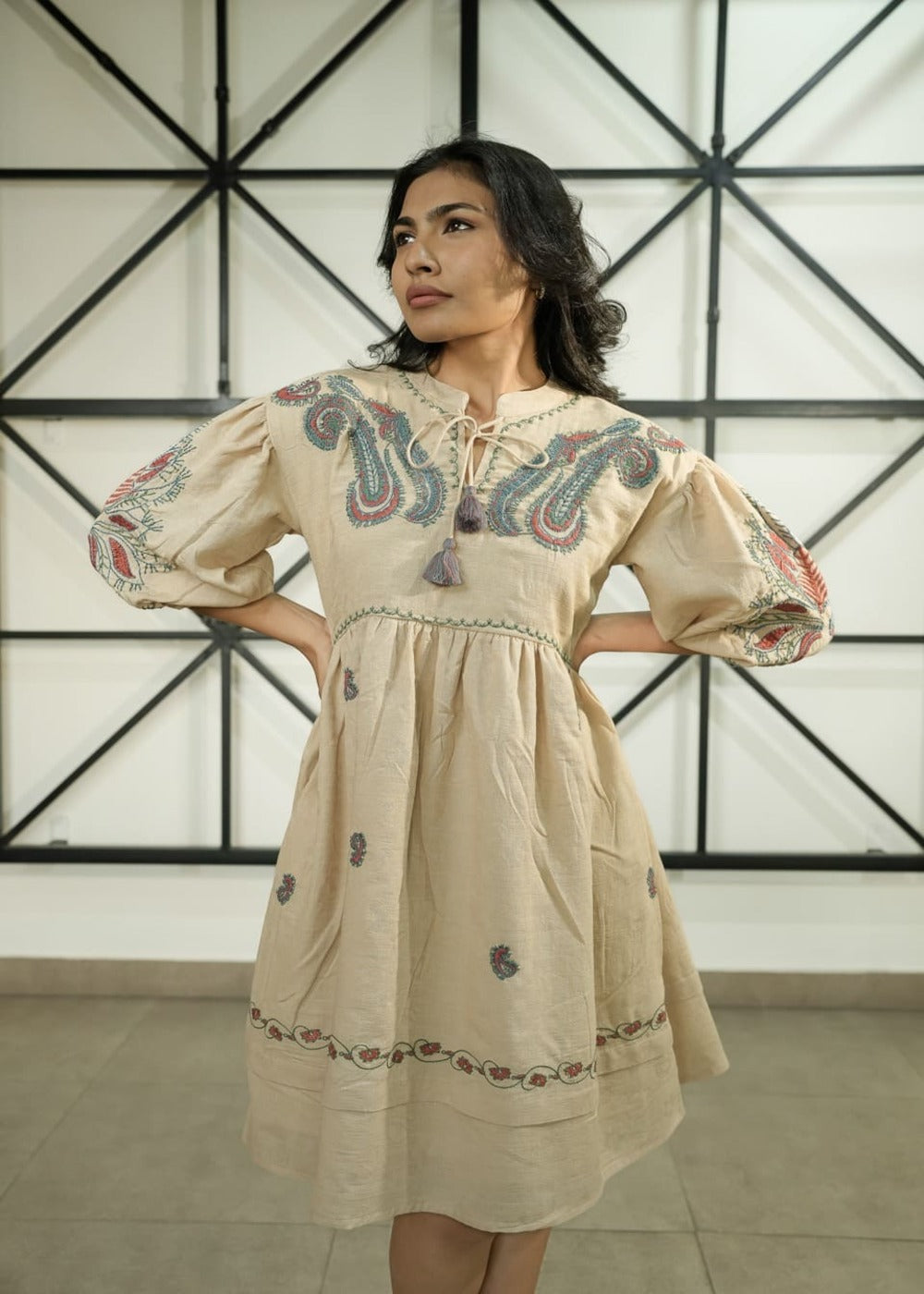 Brown Knee length short dress with Embroidery